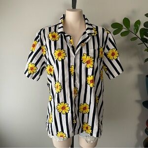 Public Art Striped Sunflower Casual Button Down Shirt 100% Cotton Size XL